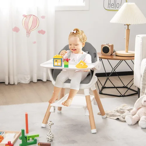 Miniatura 9 de BABY JOY Silla alta para bebé, silla alta convertible 6 en 1 de madera para bebés y niños pequeños con patas ajustables, doble bandeja extraíble