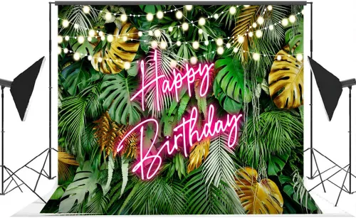 Miniatura 2 de Lofaris Telón de fondo hawaiano tropical Aloha con hojas de palma, feliz cumpleaños, color rosa, neón, hojas verdes selva, fondo para adultos