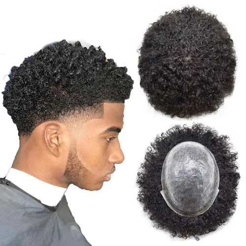 Miniatura 21 de Tupé rizado afro para hombres negros Full Poly African American Curl sistemas de cabello humano inyectado PU Coily Male Hairpieces Poly Hair