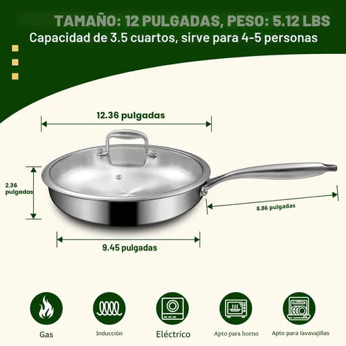 Miniatura 3 de EWFEN Sartén de acero inoxidable de tres capas de 12 pulgadas, compatible con todas las estufas de hasta 600 ℉, sartén grande con tapas, sartén