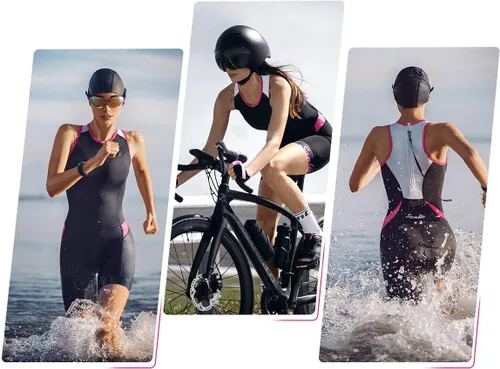 Miniatura 7 de Traje de triatlón de una pieza sin mangas para mujer, acolchado de secado rápido, adelgazante, para correr, nadar, ciclismo Negro/Rosa Rojo