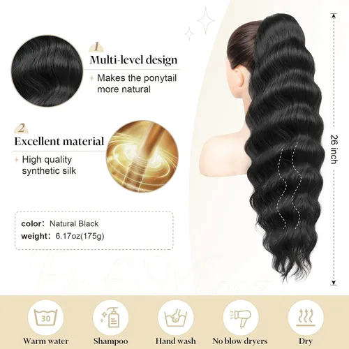 Miniatura 2 de Flufymooz Extensión de cola de caballo, 26 pulgadas, ondulado, con cordón, extensión de pelo largo, extensión de pelo sintético suave para mujer