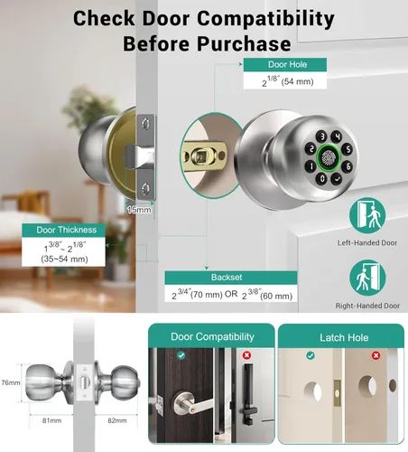 Miniatura 5 de Cerradura inteligente de perilla de puerta con teclado, cerradura de puerta de entrada sin llave con mango para puerta delantera y dormitorio
