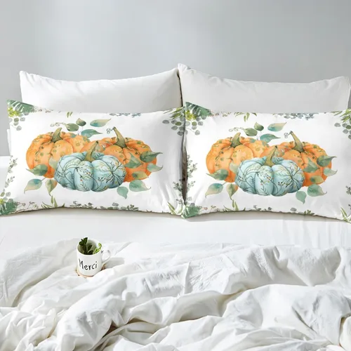 Miniatura 4 de Manfei Sábana bajera ajustable de calabaza otoñal, tamaño individual, juego de ropa de cama floral de hojas verdes, 2 piezas para decoración