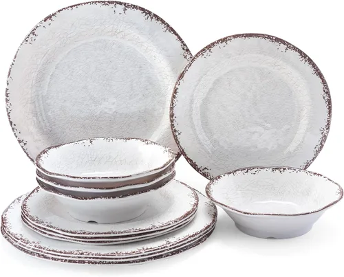 Miniatura 14 de LEHAHA Juego de Vajilla de 12 Piezas de Melamina Vintage Incluye 4 Platos de Cena, 4 Platos de Ensalada y 4 Cuencos, Servicio para 4, Vajilla