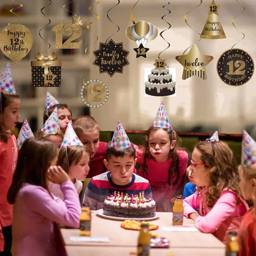 Miniatura 3 de Decoración de techo de remolinos colgantes para fiesta de cumpleaños número 12, celebración, 12 espirales colgantes de aluminio con recortes para 12