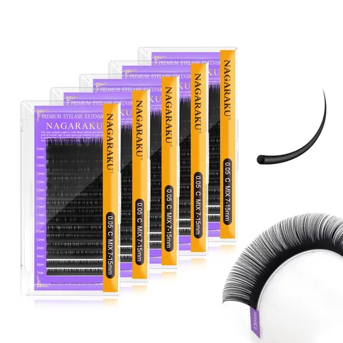 Miniatura 87 de NAGARAKU Extensiones de pestañas, pestañas individuales, 0.05mm, rizo D, 15mm, clásico, negro mate, suave, natural, profesional, 16 filas, 0.05-D