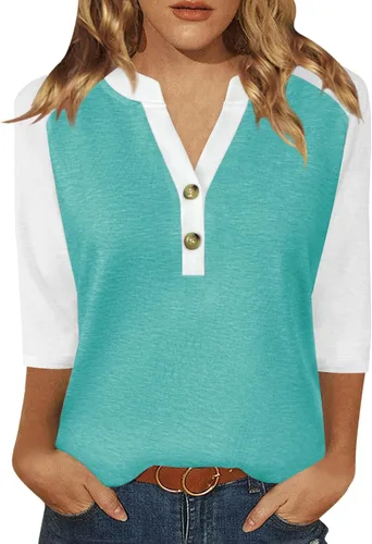 Miniatura 8 de Dimur Camisetas de manga 3/4 con cuello en V y botones para mujer, traje casual de negocios, camiseta básica de verano 2025