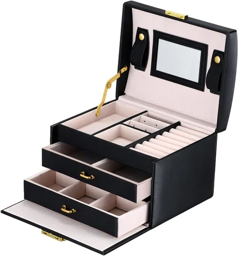 Caja de joyas de piel Goldwheat con cerradura y espejo. Excelente regalo para mujeres., Cuero sintético, Negro, M