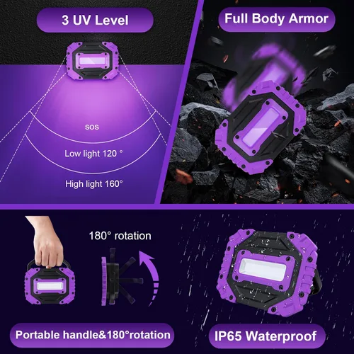 Miniatura 5 de roperry Paquete de 2 Luces Negras Recargables, 5000mAh Batería Inalámbrica Portátil Magnética, Luz Negra LED Ultravioleta de 395nm, Luz