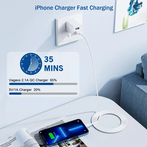 Miniatura 7 de Cargador rápido para iPhone, cargador de pared de doble puerto, paquete de 2 [certificado Apple MFi] de carga rápida de 10 pies, cable Lightning