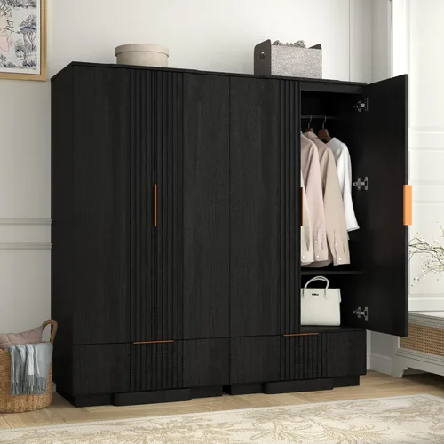 Miniatura 9 de Yechen Armario estriado de 67 pulgadas con puertas y cajón, armario de madera con estante ajustable, armarios pequeños modernos para almacenamiento