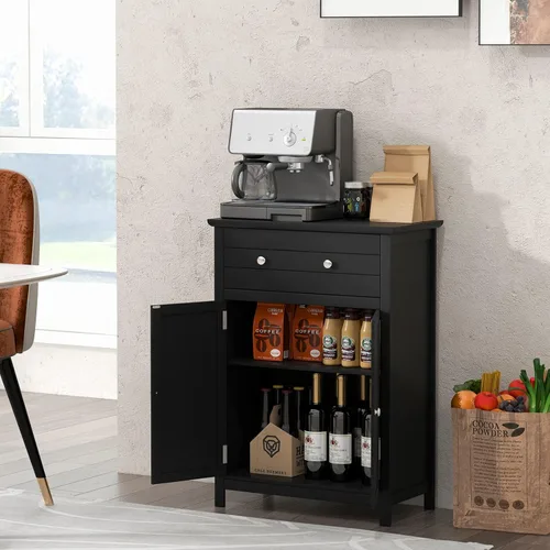 Miniatura 6 de Tangkula Armario de piso de baño, gabinete de almacenamiento de madera independiente con cajón grande y 2 puertas, estante ajustable de 3 alturas