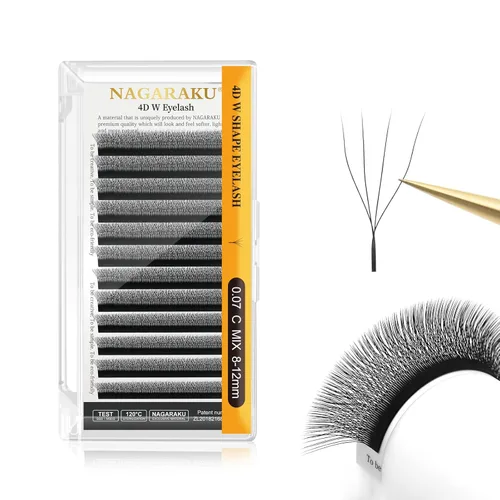 Miniatura 358 de NAGARAKU Extensiones de pestañas Double Tips 4D W, suministros con puntas dobles, gruesas con rizado D de 0.07 mm, bandeja mixta 8-15 mm, 0.07-D
