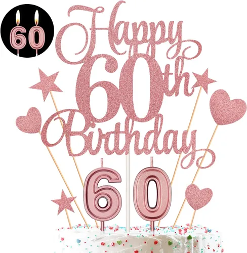 Miniatura 8 de El juego de decoraciones para tartas de cumpleaños de 60 años incluye velas de 60 cumpleaños número 60 velas para pasteles y adornos para pasteles