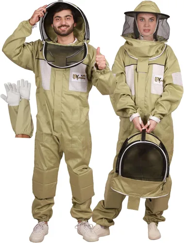 Traje de apicultura de polialgodón ultra ventilado para hombres y mujeres con guantes y dos velos de apicultura, traje de apicultura profesional y