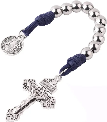 Miniatura 2 de Rosario de bolsillo estilo abierto una década de acero inoxidable rosario católico con crucifijo medalla de San Benito con bolsa de regalo