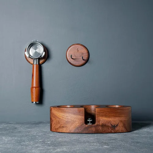 Miniatura 2 de Soporte para portafiltros montado en la pared, estante de pared de nogal, organizador de estación de espresso premium, accesorios para máquina
