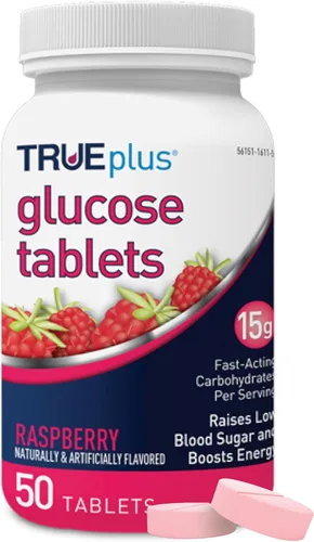 Miniatura 41 de TRUEplus® Tabletas de glucosa, sabor surtido (uva, frambuesa, naranja), botella de 50 unidades (1)
