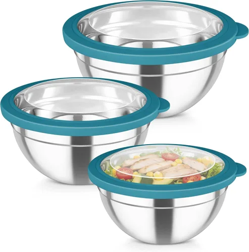 Miniatura 10 de Juego de cuencos para mezclar TeamFar con tapas, 4.5/3/1.5 QT, cuencos para ensalada anidados de acero inoxidable con tapas herméticas, para Caqui