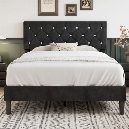 Miniatura 13 de VECELO Base de cama de tamaño individual, plataforma tapizada con cabecera ajustable de diamante, soporte de listones de madera, no necesita somier