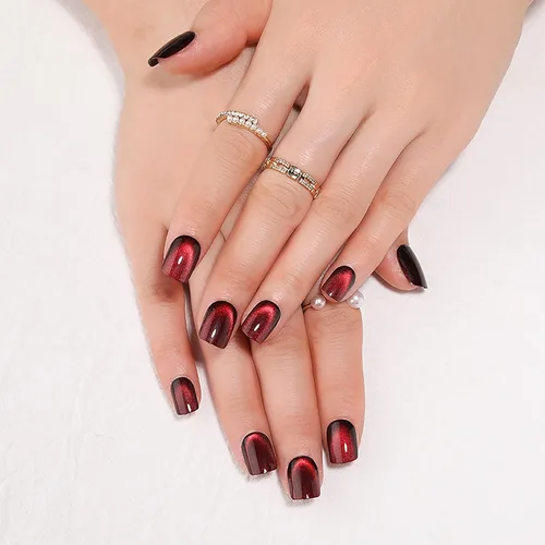 Miniatura 9 de Uñas postizas a presión de Navidad, color rojo vino, uñas postizas cuadradas medianas con diseño degradado, cobertura completa, acrílico brillante