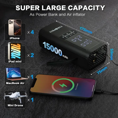 Miniatura 5 de Inflador de neumáticos Ai Compresor de aire portátil de 150 PSI con banco de energía de 15000 mAh, 5 veces de inflado rápido, indicador digital