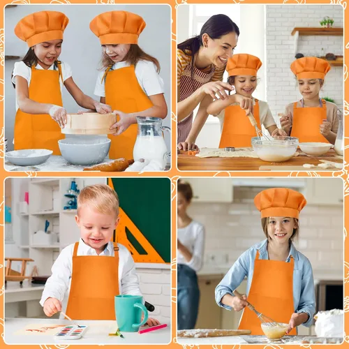Miniatura 5 de Conjunto de Delantal y Gorro de Chef para Niños, Delantal Infantil Ajustable con 2 Bolsillos, para Niños Chef y Pintura, Cocinar, Hornear Orongecolor