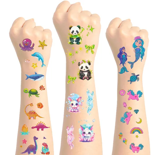 Yobbai Tatuajes temporales con purpurina para niños, estilos mixtos de mariposa, panda, criatura marina, sirena y dinosaurio, tatuajes falsos