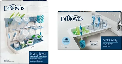 Dr. Brown's Torre de secado de biberones, estante de secado alto, organizador de fregadero azul/blanco para biberones y piezas con dos soportes para