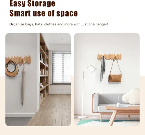 Miniatura 2 de DESAINOPH® Perchero de abrigos de madera montado en la pared, varillas multifuncionales de madera maciza hechas a mano con 5 ganchos modernos