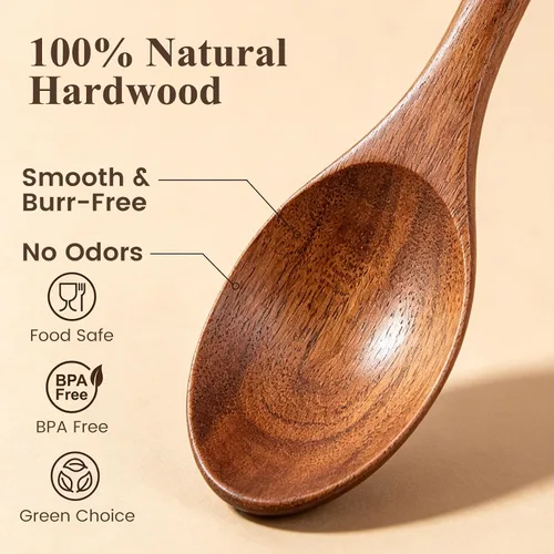Miniatura 6 de HAKSEN Cucharas de madera para comer, cuchara de sopa de madera de 8.2 pulgadas con mango largo para comida coreana, comida diaria, salsa, café, 6