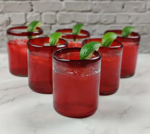 Miniatura 6 de Dos Sueños Vasos mexicanos soplados a mano, juego de 6 vasos con bordes rojos (10 onzas cada uno)
