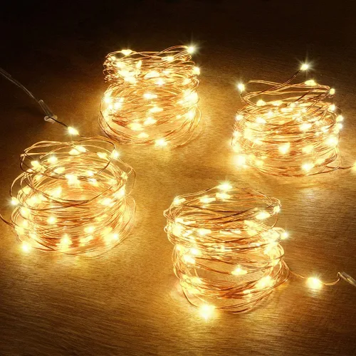 4 paquetes de 50 luces LED blancas cálidas alimentadas por baterías, mini luces de hadas de Navidad, 16.4 pies de alambre de cobre flexible, para