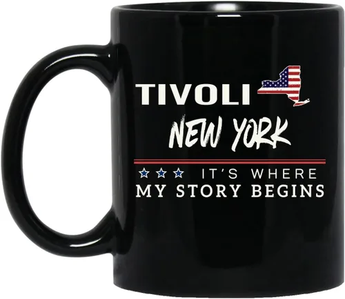 Taza de café con la bandera estadounidense Tivoli New York con texto en inglés "It's Where My Story Begins", regalo patriótico, Día de la