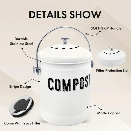 Miniatura 4 de ENLOY - Contenedor de compostaje para cocina, para encimera, con tapa, para residuos de alimentos en la cocina, con recubrimiento en polvo, a prueba