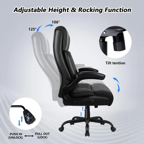 Miniatura 8 de Silla de Oficina Grande y Alta, Silla Ergonómica de Cuero para Escritorio de Computadora de Oficina, Silla de Oficina Resistente Negra