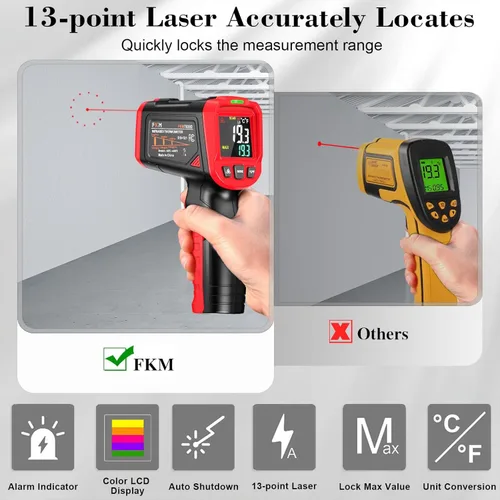 Miniatura 3 de FKM Pistola de Termómetro de Infrarrojos, Pistola de Termómetro Láser sin Contacto para Industrial, HVAC, Motor, Cocina, Termómetro de Temperatura