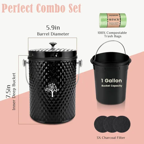 Miniatura 3 de AOSION Contenedor de compostaje para encimera de cocina, contenedor de compostaje interior inodoro con tapa y paquete de 50 bolsas de compost