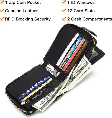 Miniatura 11 de GOIACII Cartera con cremallera para hombre, de piel auténtica, con bloqueo RFID, con cremallera, bolsillo para monedas, para identificación, con Café