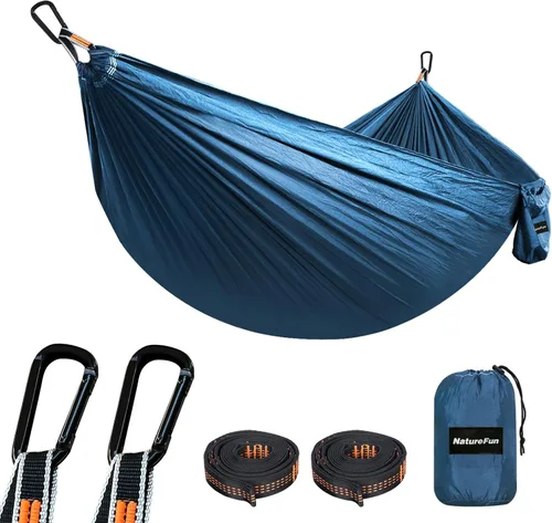 NATUREFUN Hamaca ultraligera para viajes y camping | Capacidad de carga de 300 kg, transpirable, de secado rápido | Incluye 2 mosquetones premium, 2