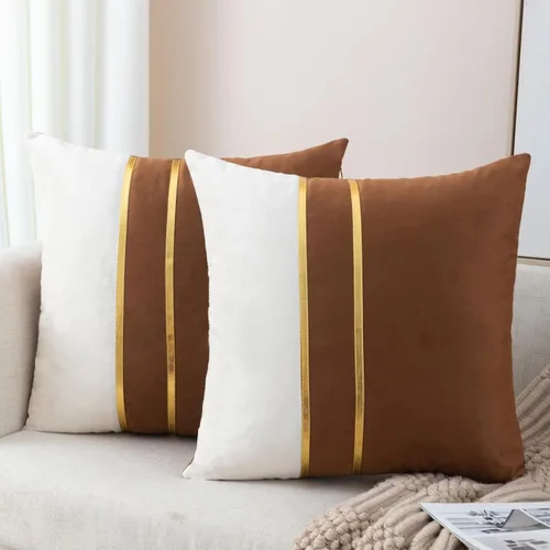 Miniatura 22 de ZLINA Juego de 2 fundas de almohada decorativas de terciopelo verde aguamarina y blanco con parches y cuero dorado de 16 × 16 pulgadas, fundas