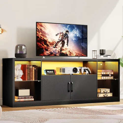 Miniatura 9 de IRONCK Soporte de TV para televisores de 65 pulgadas con toma de corriente y luces LED, centro de entretenimiento de fibra de carbono con gabinetes