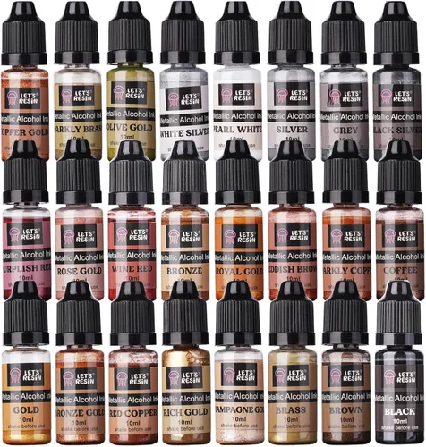LET'S RESIN Juego de tinta de alcohol metálico, 24 colores, tinta de resina a base de alcohol de color metálico, mezclas de alta concentración y