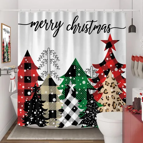 Miniatura 4 de Cortina de ducha de árbol de Navidad, diseño de búfalo negro y rojo, a cuadros, juego de cortinas de ducha de tela para decoración de baño