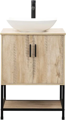Miniatura 9 de UEV Tocador de Baño de Roble Rústico de 24" con Lavabo, Conjunto de Gabinete de Baño con Marco de Hierro Industrial con Puertas y Estante, con Combo