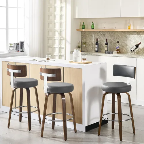Miniatura 10 de Bekrvio Juego de 2 taburetes de bar giratorios con altura de mostrador, taburetes de cocina tapizados de piel sintética con respaldo, patas