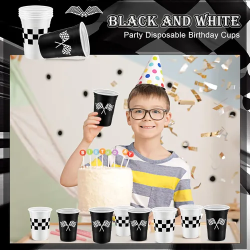 Miniatura 5 de Norme 48 vasos de plástico a cuadros para fiestas de carreras a granel de 16 onzas, desechables con bandera a cuadros, tazas gruesas de color blanco