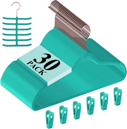 Miniatura 28 de VECELO Perchas de terciopelo de alta calidad resistentes (paquete de 60), antideslizantes y ahorran espacio con 8 clips para los dedos y soporte