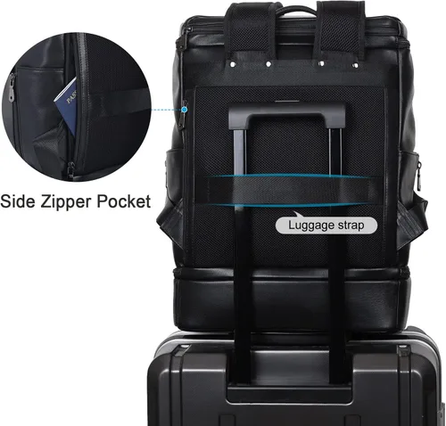 Miniatura 5 de TIDING Mochila de cuero genuino para hombre, bolsa de laptop de 15.6 pulgadas, mochila casual de viaje con compartimento para zapatos, Negro